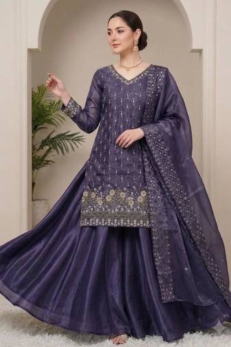 Purple silk blend embroidered palazzo set