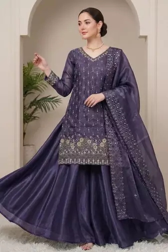 Purple silk blend embroidered palazzo set