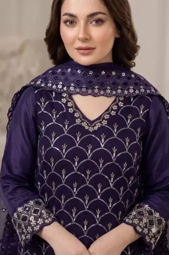 Purple silk blend embroidered palazzo set