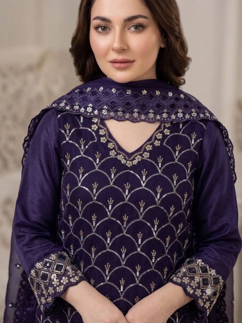 Purple silk blend embroidered palazzo set