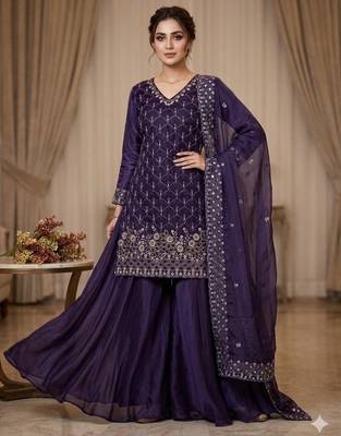 Purple silk blend embroidered palazzo set 3
