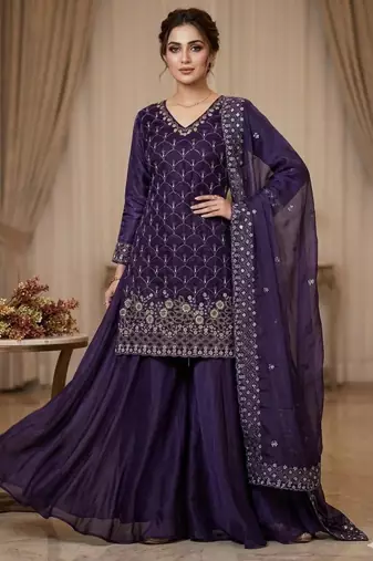 Purple silk blend embroidered palazzo set