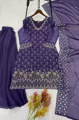 Purple silk blend embroidered palazzo set