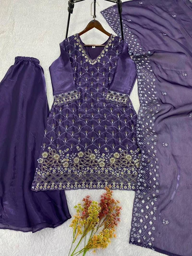 Purple silk blend embroidered palazzo set