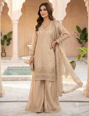 Beige silk blend embroidered palazzo set 1