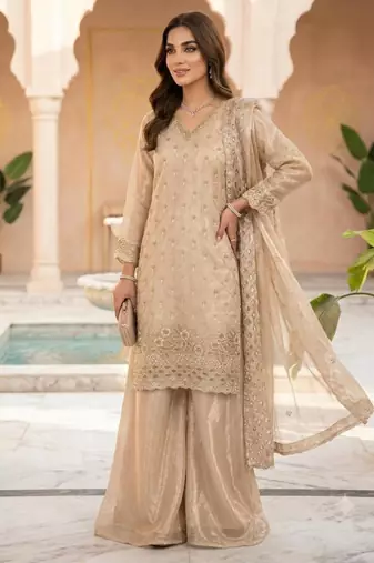 Beige silk blend embroidered palazzo set
