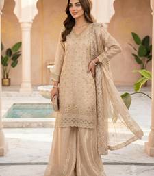 Beige silk blend embroidered palazzo set
