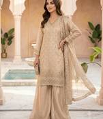 Beige silk blend embroidered palazzo set