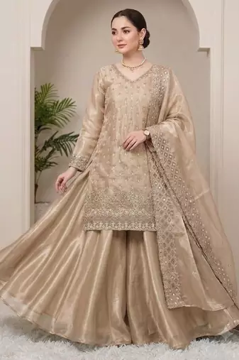 Beige silk blend embroidered palazzo set