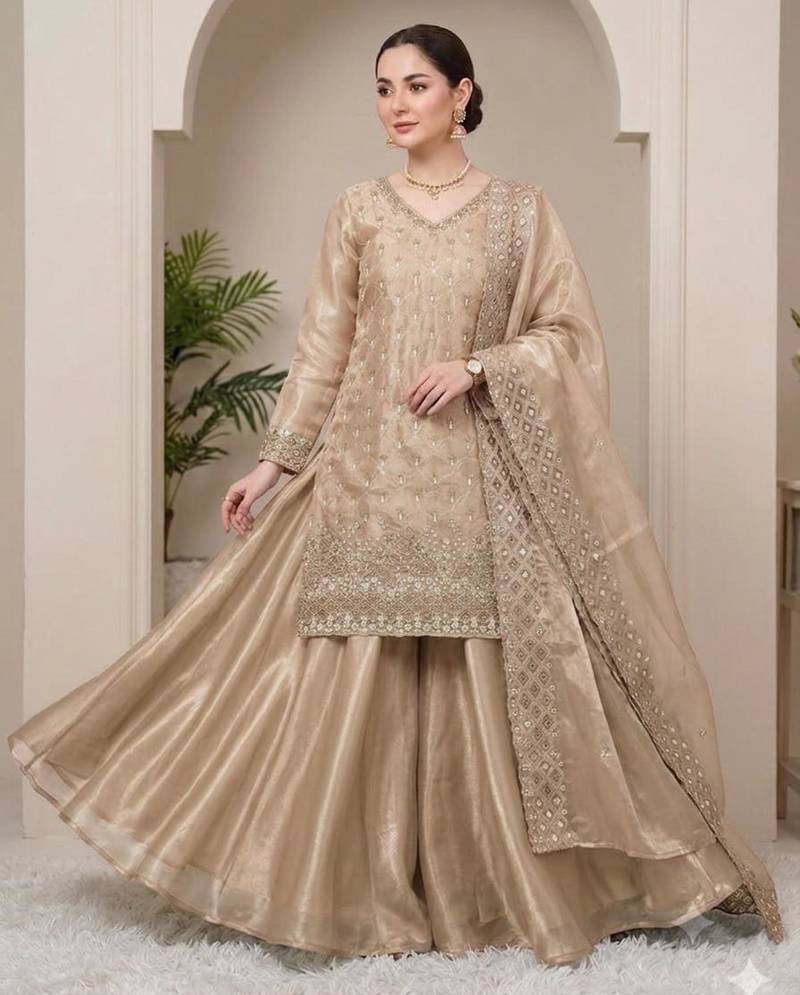 Beige silk blend embroidered palazzo set