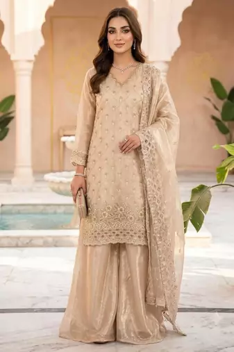 Beige silk blend embroidered palazzo set