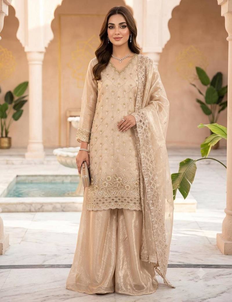 Beige silk blend embroidered palazzo set