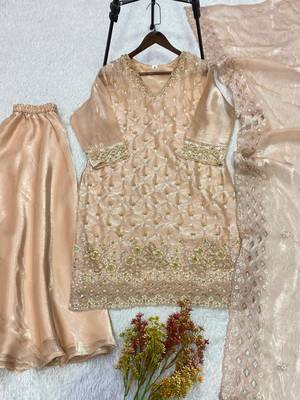 Beige silk blend embroidered palazzo set 4