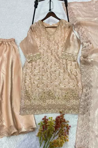 Beige silk blend embroidered palazzo set