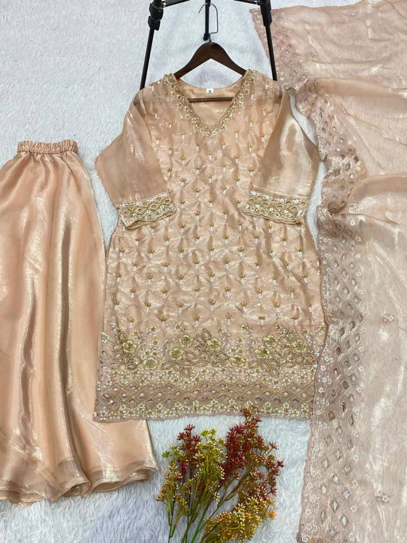 Beige silk blend embroidered palazzo set