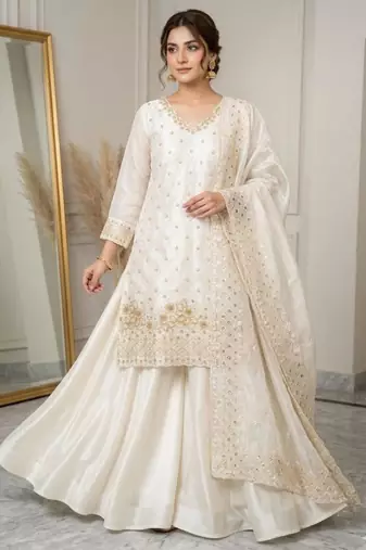 Off-white silk blend embroidered palazzo set