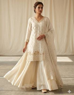Off-white silk blend embroidered palazzo set 2
