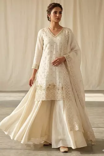 Off-white silk blend embroidered palazzo set