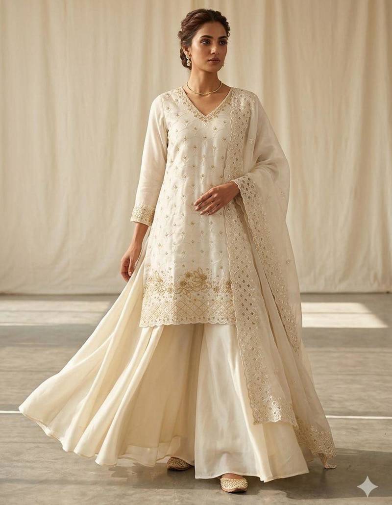 Off-white silk blend embroidered palazzo set