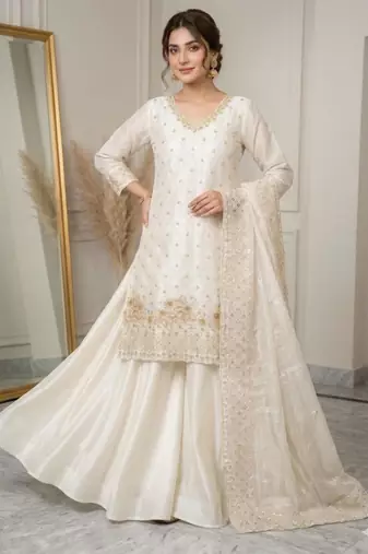 Off-white silk blend embroidered palazzo set