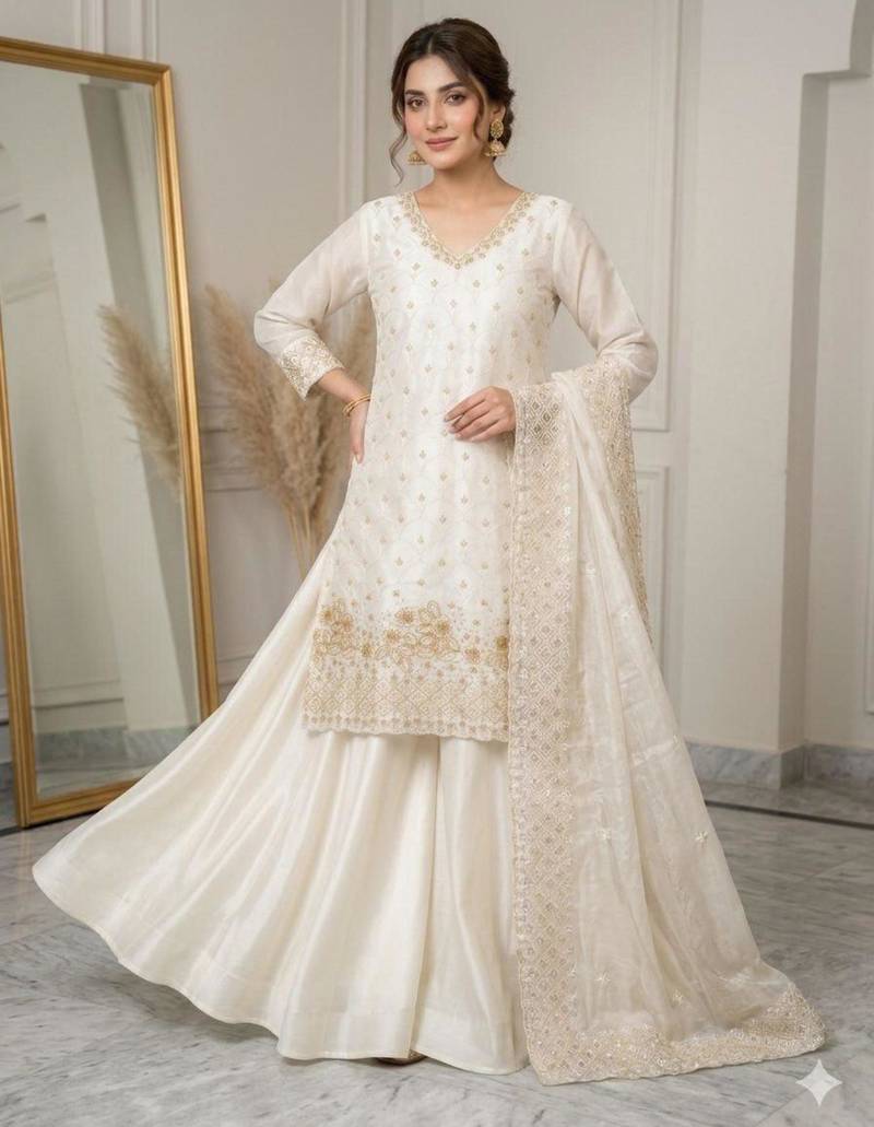 Off-white silk blend embroidered palazzo set