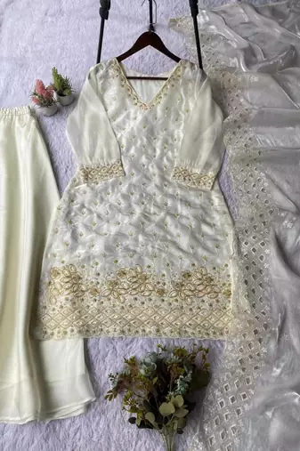 Off-white silk blend embroidered palazzo set
