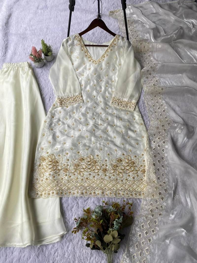 Off-white silk blend embroidered palazzo set