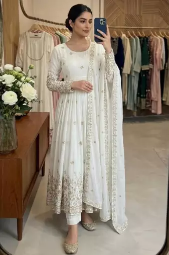 White silk blend embroidered flared gown set