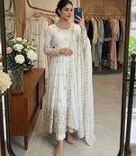 White silk blend embroidered flared gown set