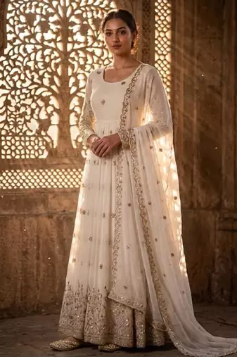 White silk blend embroidered flared gown set