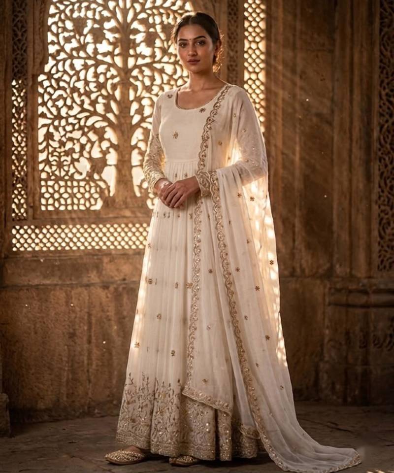 White silk blend embroidered flared gown set