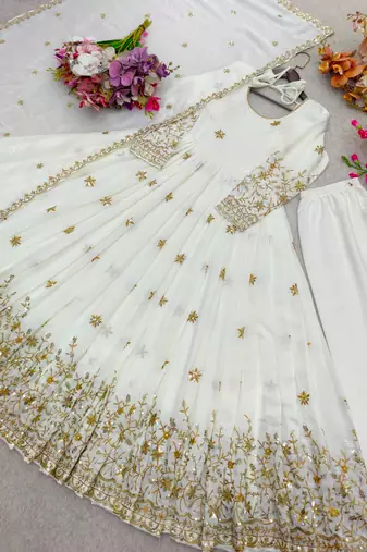 White silk blend embroidered flared gown set