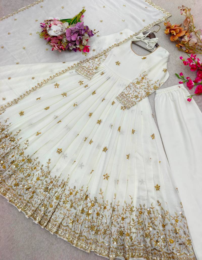 White silk blend embroidered flared gown set