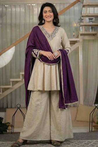 Beige silk blend embroidered palazzo set