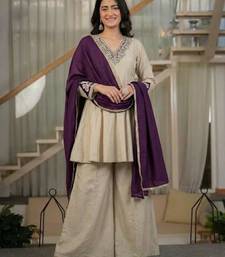 Beige silk blend embroidered palazzo set