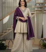 Beige silk blend embroidered palazzo set