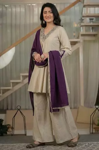 Beige silk blend embroidered palazzo set