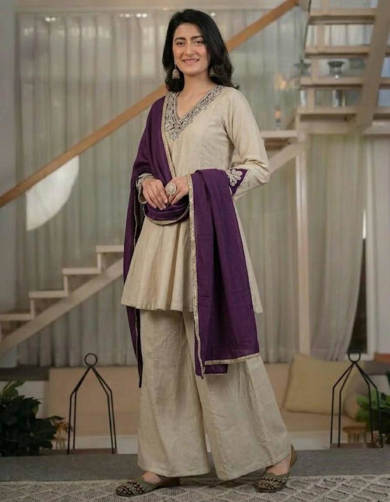 Beige silk blend embroidered palazzo set