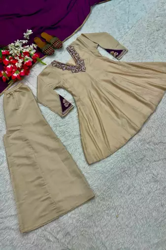 Beige silk blend embroidered palazzo set