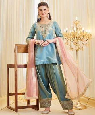 Blue silk blend embroidered Farshi salwar set 1