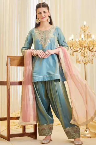 Blue silk blend embroidered Farshi salwar set