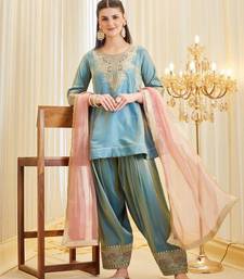 Blue silk blend embroidered Farshi salwar set