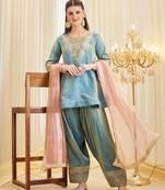 Blue silk blend embroidered Farshi salwar set
