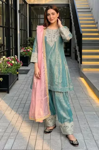 Blue silk blend embroidered Farshi salwar set