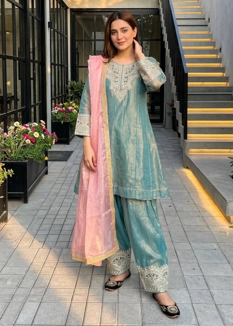 Blue silk blend embroidered Farshi salwar set