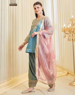 Blue silk blend embroidered Farshi salwar set 3