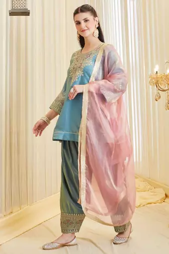 Blue silk blend embroidered Farshi salwar set