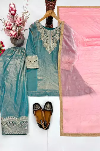 Blue silk blend embroidered Farshi salwar set