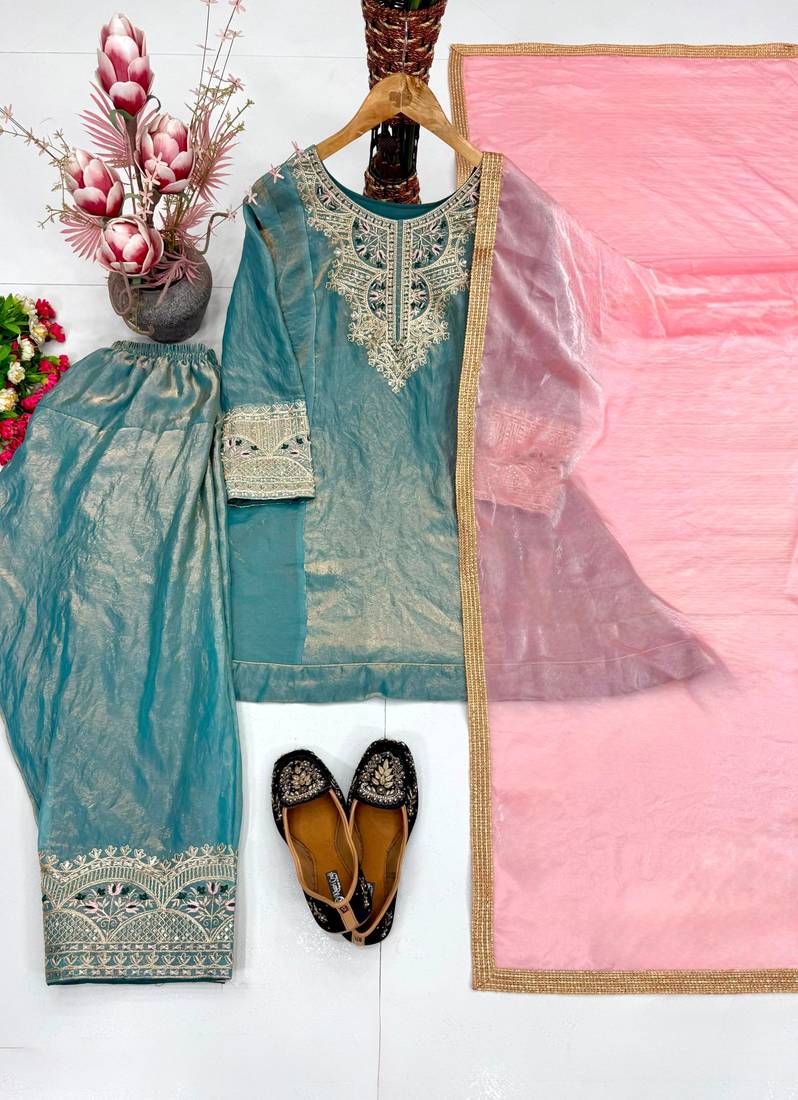 Blue silk blend embroidered Farshi salwar set