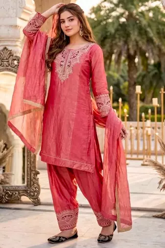 Pink silk blend embroidered palazzo set